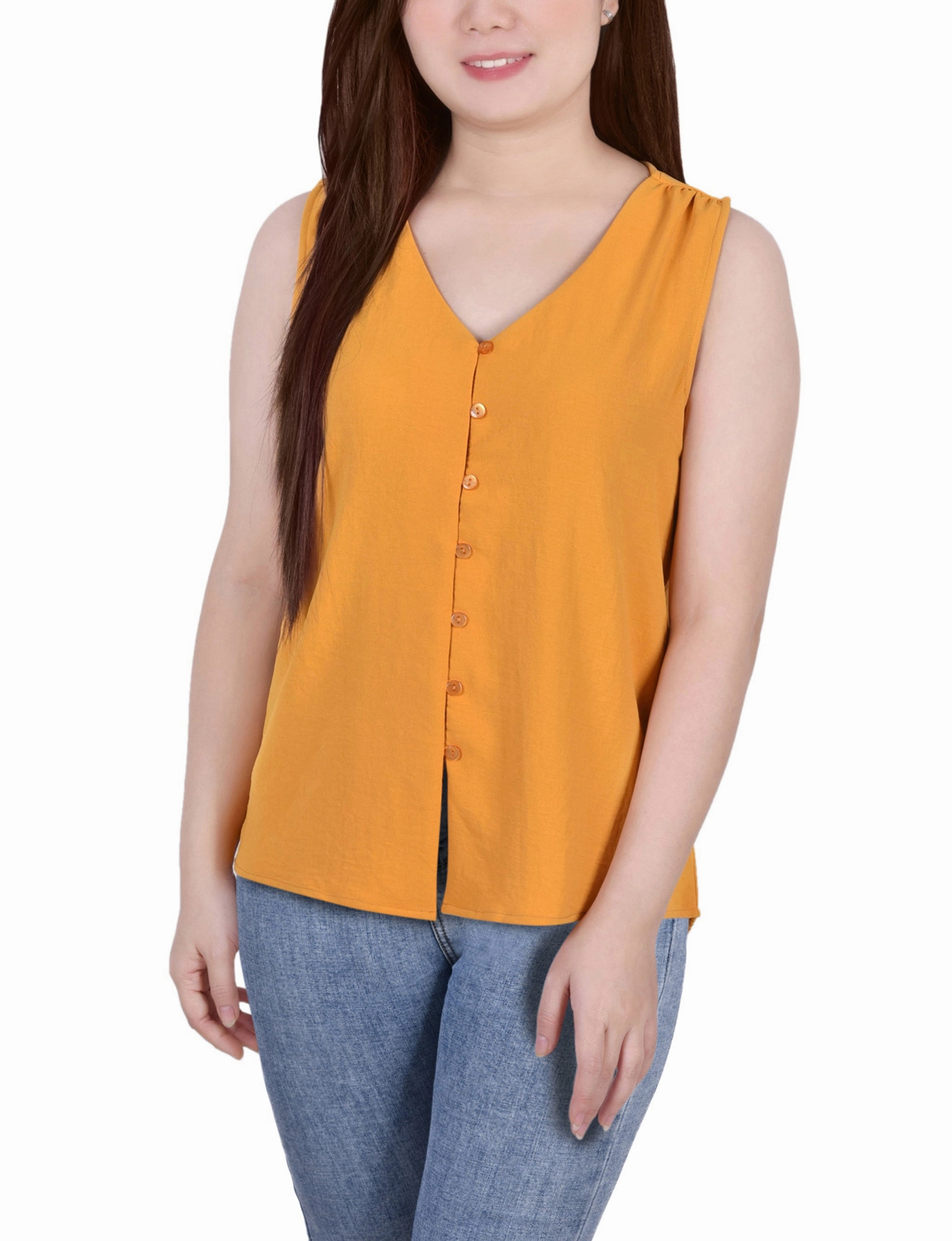 AdjustableNeckline FourWayStretch Sleeveless Button Front Blouse