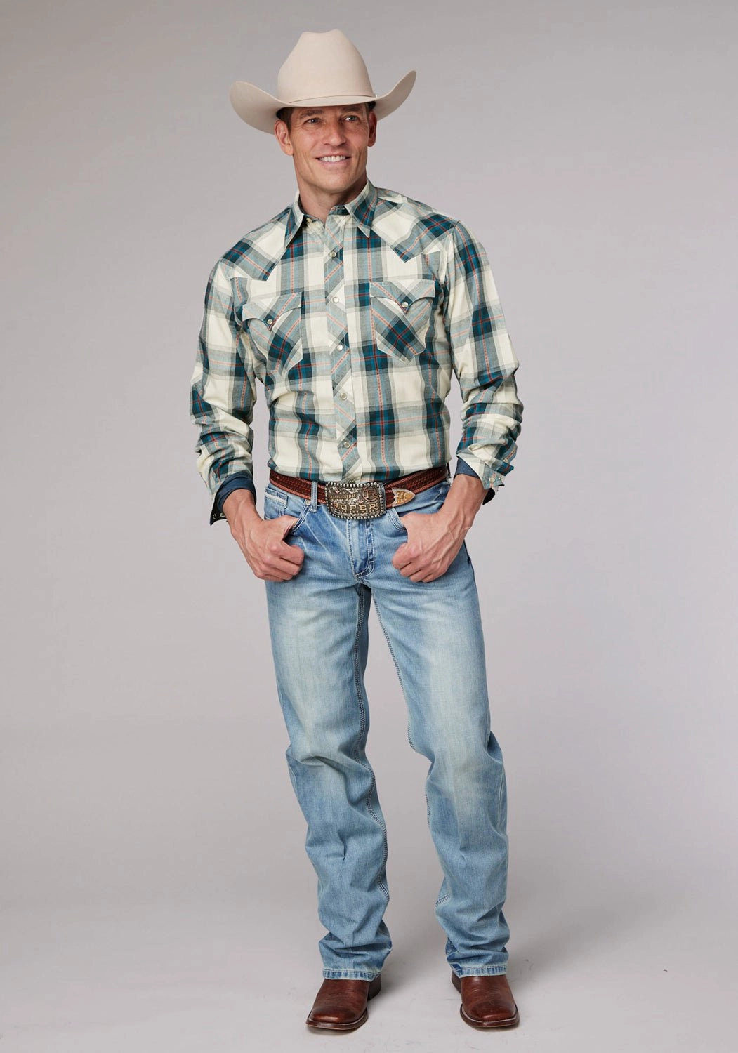 youth trend Printed design Roper Mens 2006 Tile Plaid Multi-Color 100% Cotton L/S Shirt