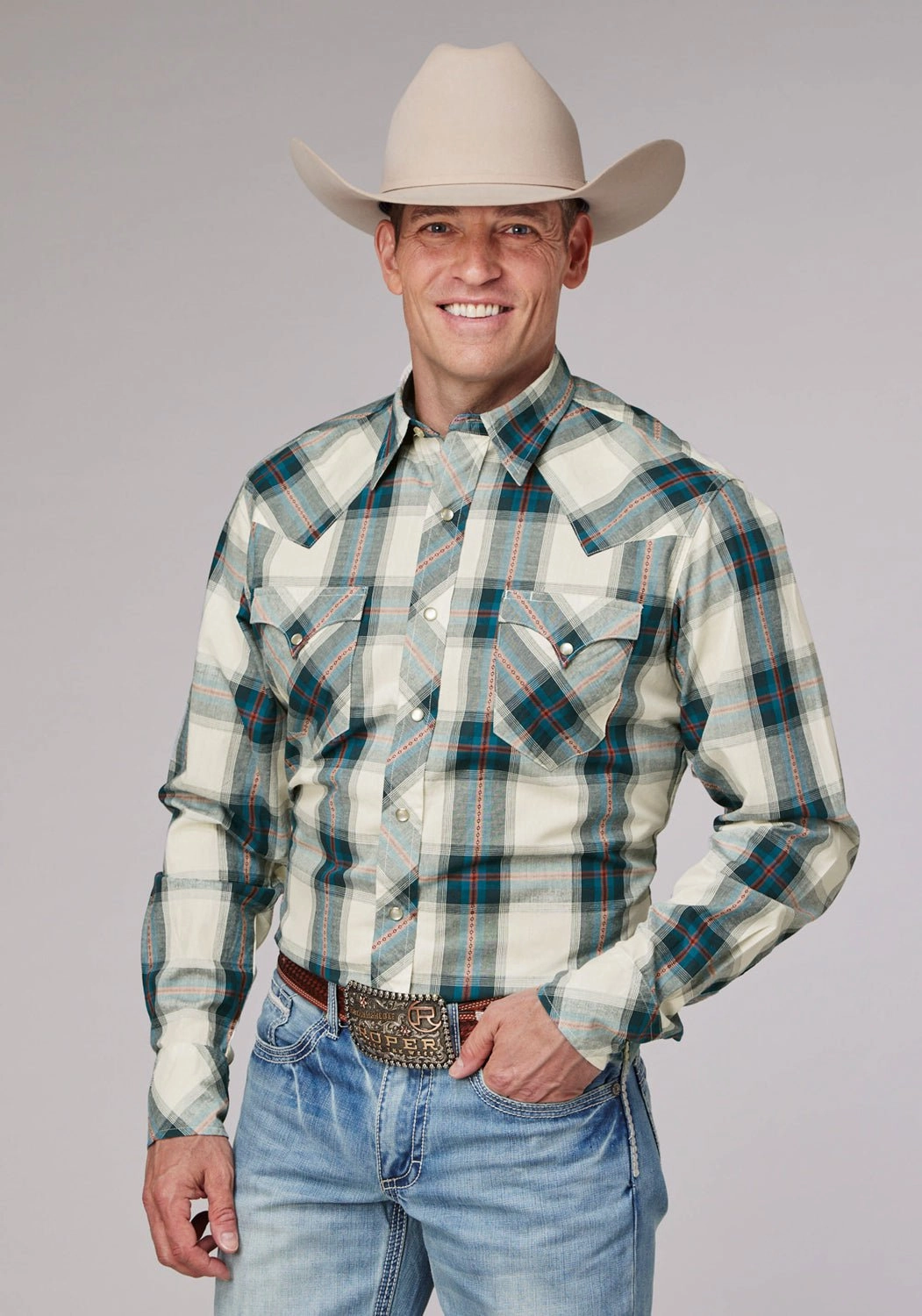 Roper Mens 2006 Tile Plaid Multi-Color 100% Cotton L/S Shirt Seamless Shoulder Construction