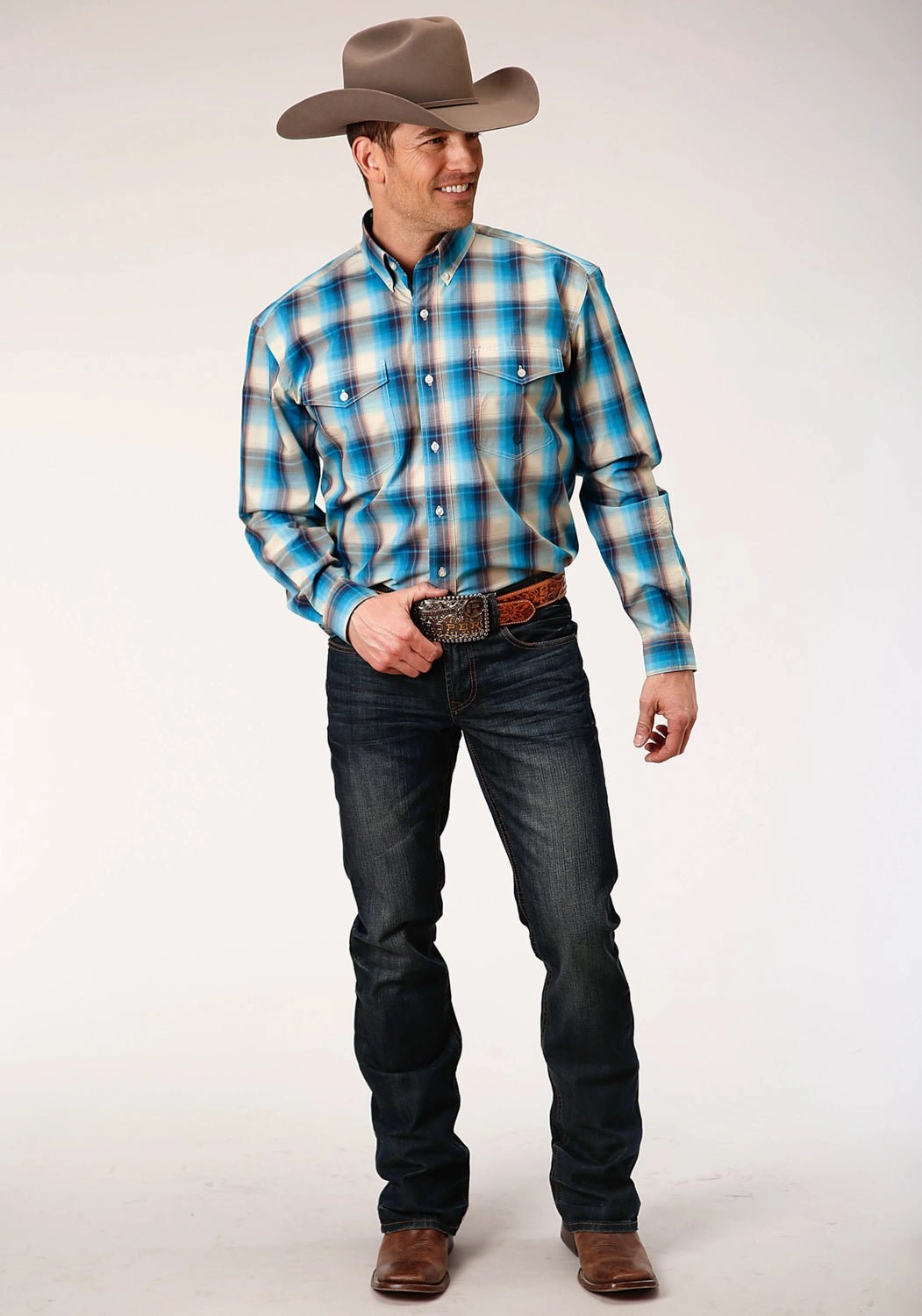 Fall Foliage Ventilated Back Roper Mens Blue 100% Cotton Sunset Plaid BD L/S Button Shirt