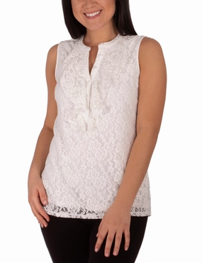 Sleeveless Lace Ruffle Front Y Neck Top preshrunk