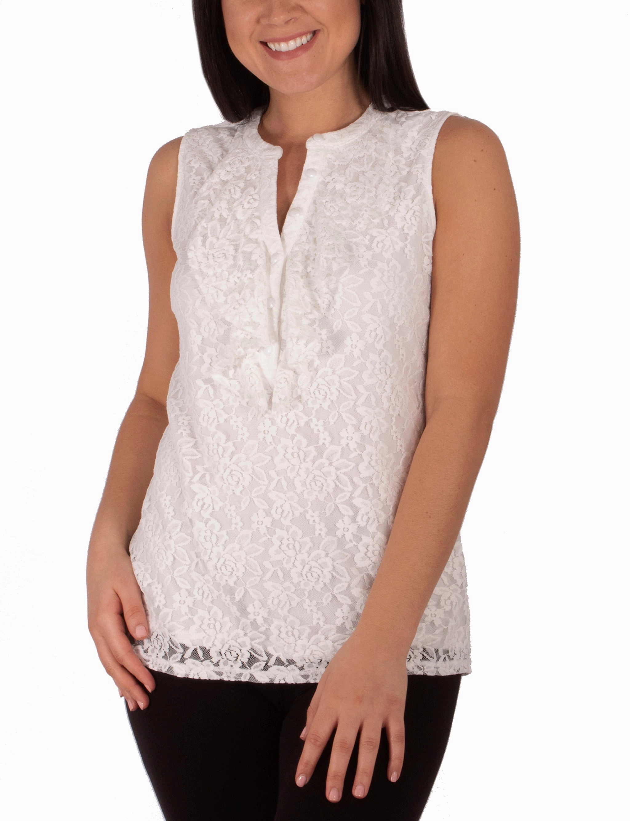 Sleeveless Lace Ruffle Front Y Neck Top preshrunk