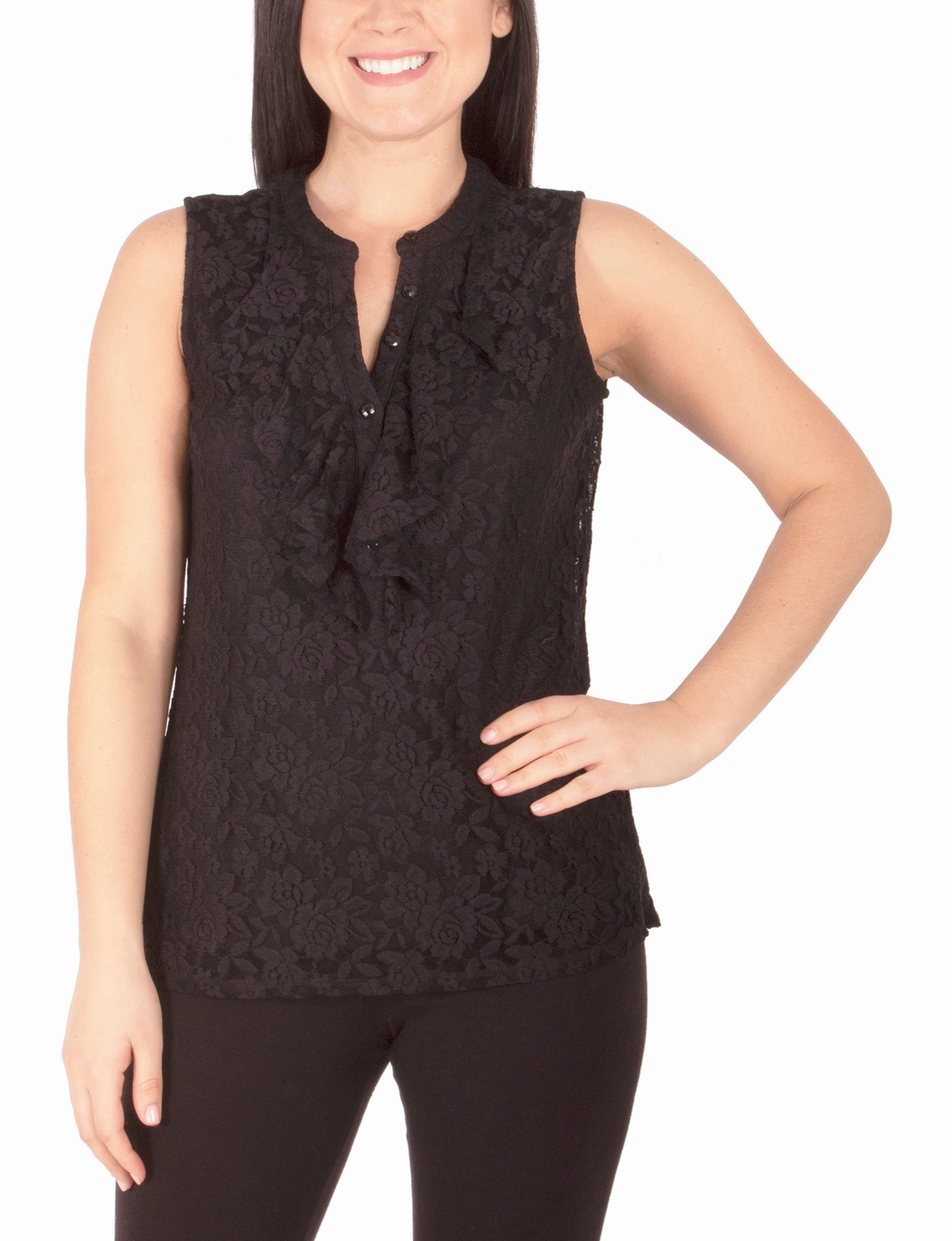 Classic Hoodie Cozy Sweatshirt Sleeveless Lace Ruffle Front Y Neck Top
