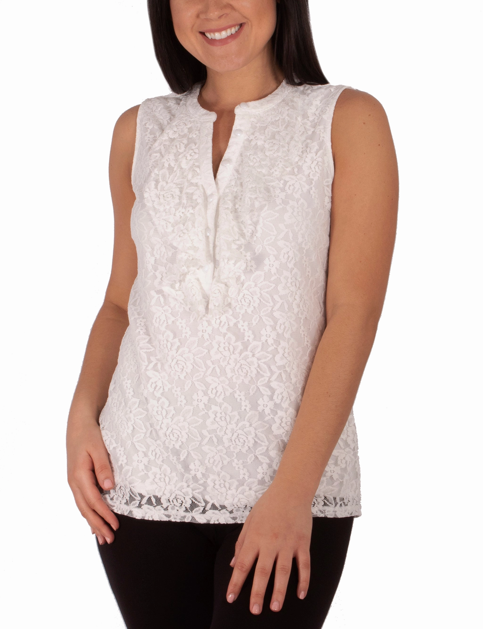Sleeveless Lace Ruffle Front Y Neck Top Chic Sweater Reinforced Hems