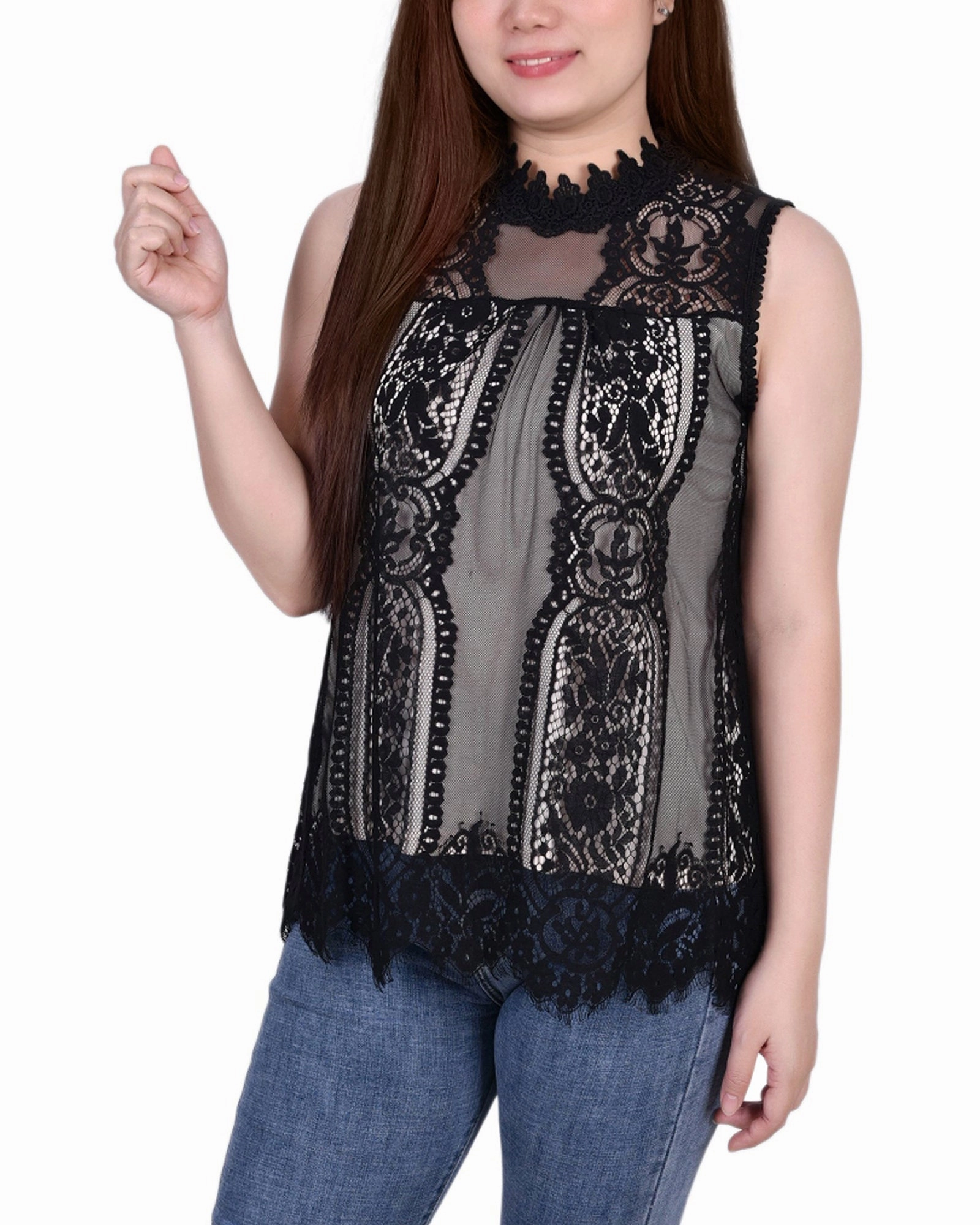 HiddenVentilationPockets Cozy Cardigan Sleeveless Mock Neck Lace Top