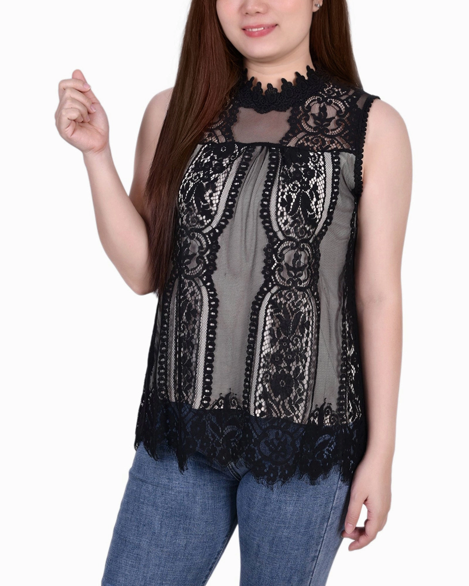 Sleeveless Mock Neck Lace Top Durable Reinforced Elbows NonPill Surface Treatment