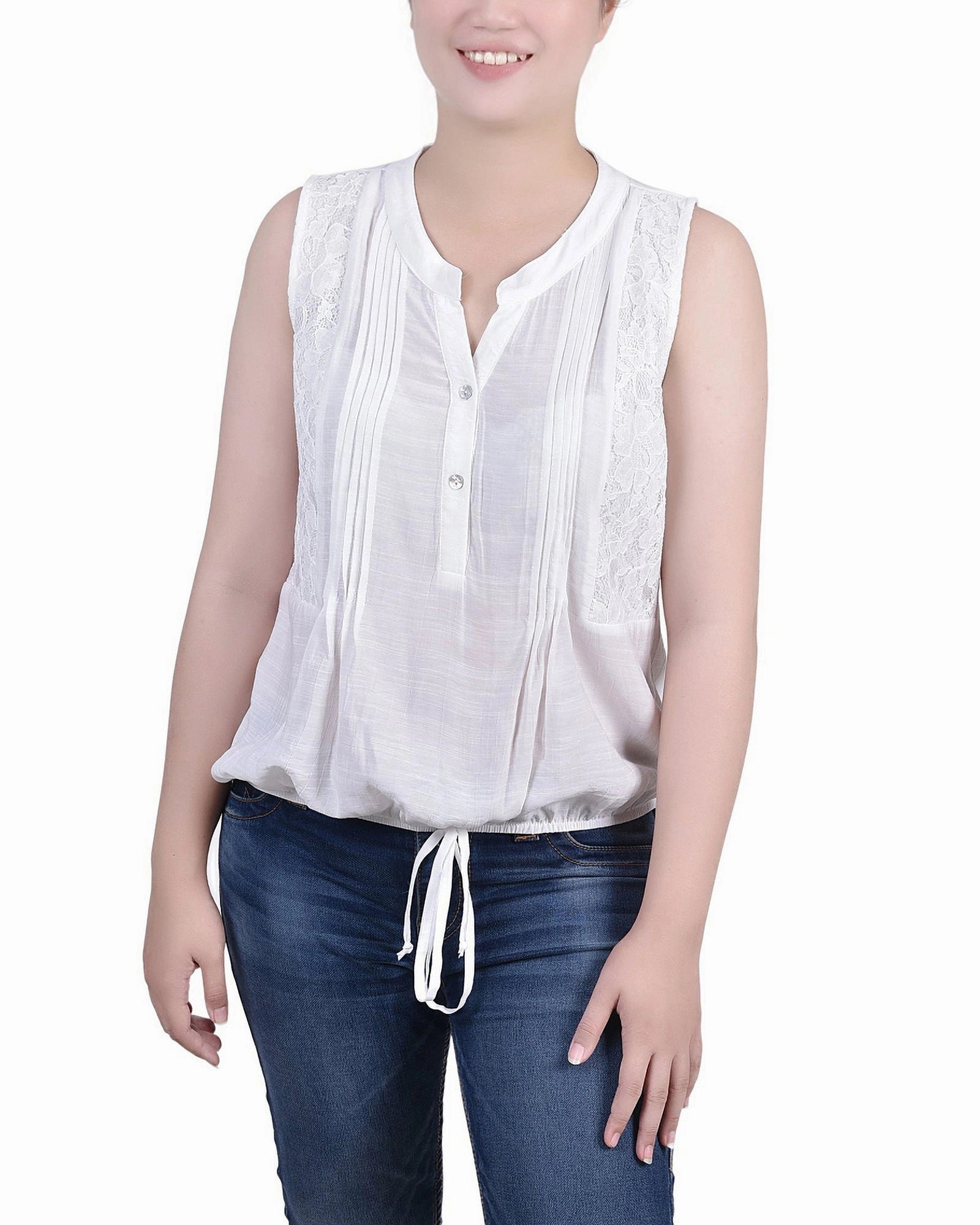Metallic Fiber Blend Sleeveless Pintuck Tie-Hem Blouse