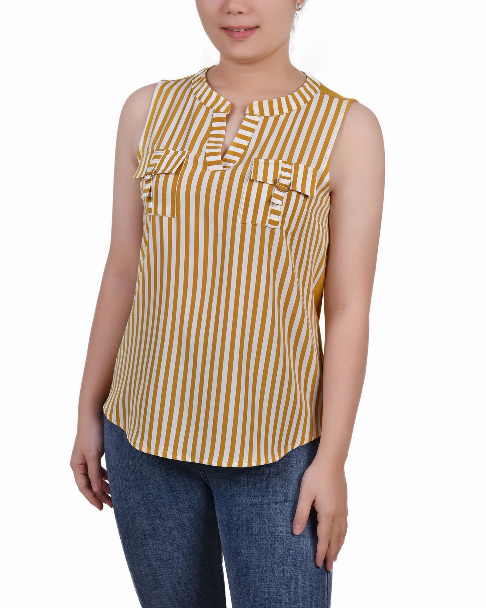 Sleeveless Y Neck Combo Blouse Wrinkle Resistant Weave FrenchTerryTexture