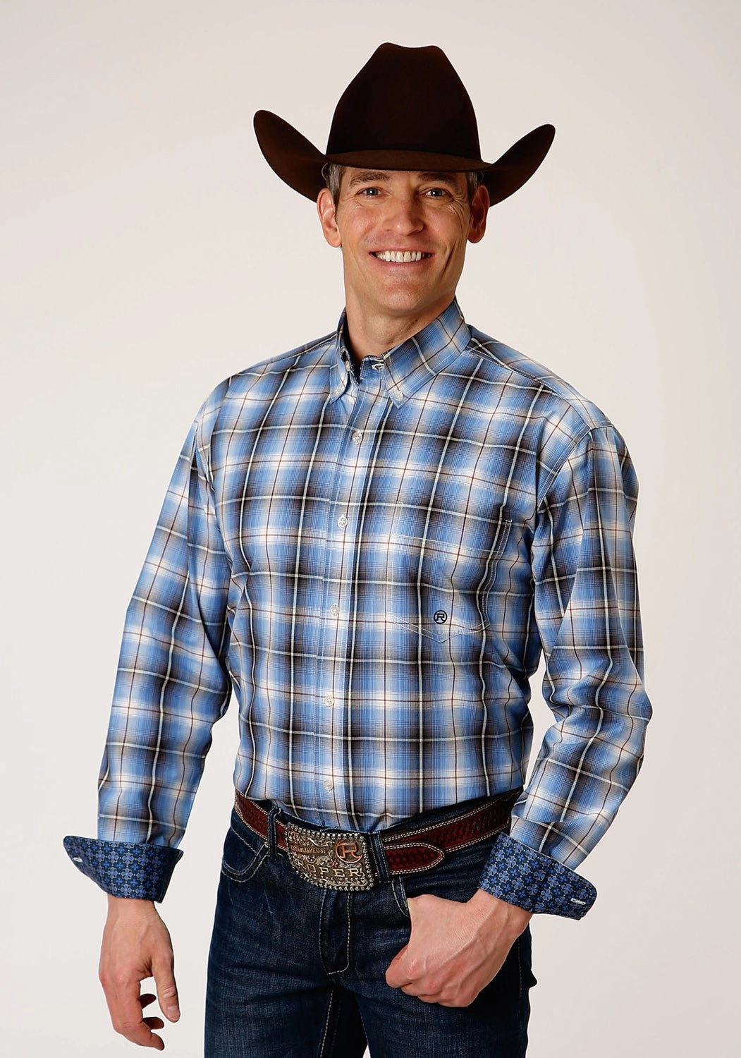 Neutral Tones Breathable Layer Roper Mens Storm Blue 100% Cotton Ombre BD L/S 1 Pkt Shirt