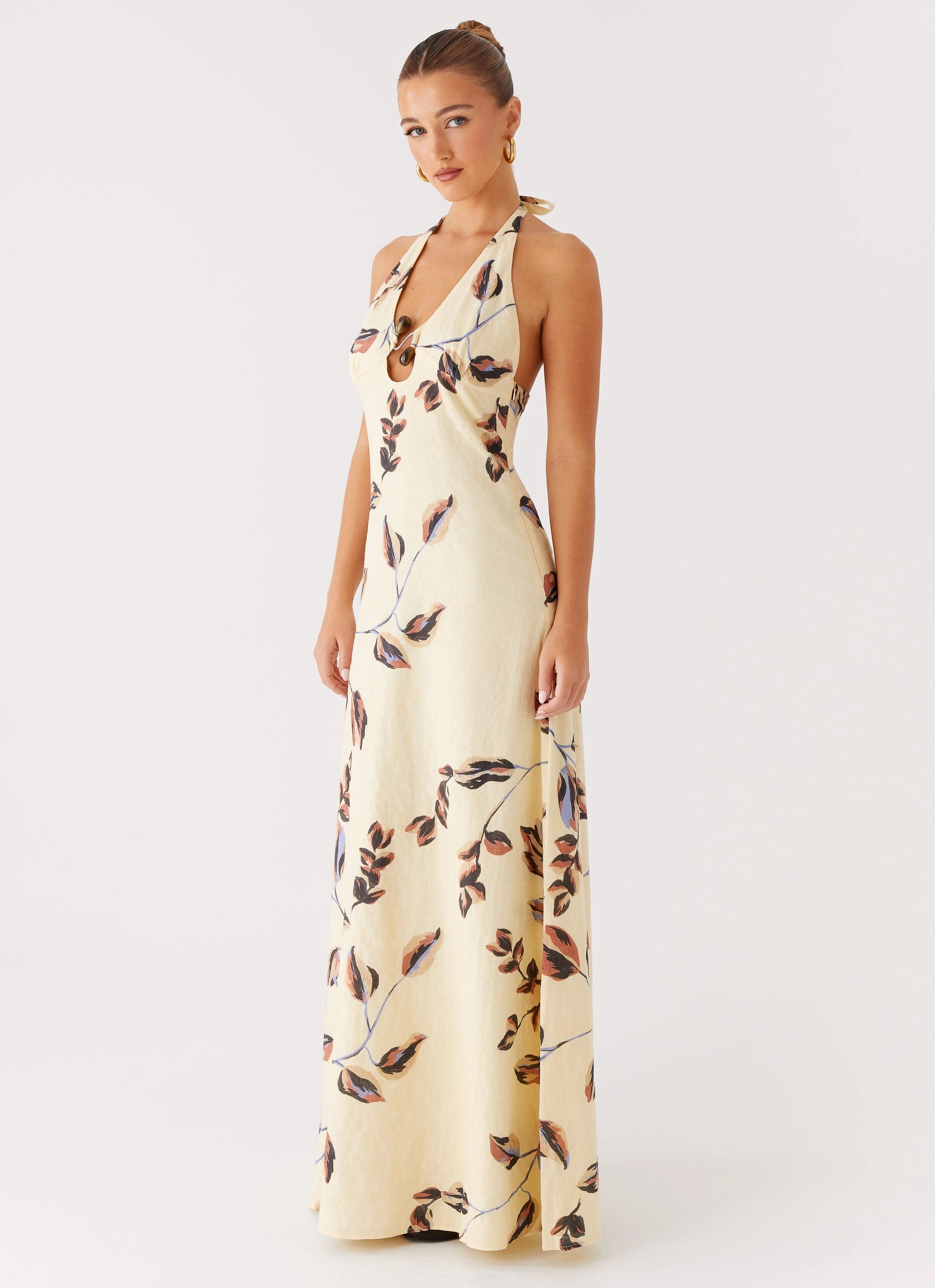 Essential Coat Button Closure Elvina Halter Neck Maxi Dress - Buttercream Bliss