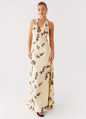 Elvina Halter Neck Maxi Dress - Buttercream Bliss Houndstooth Print