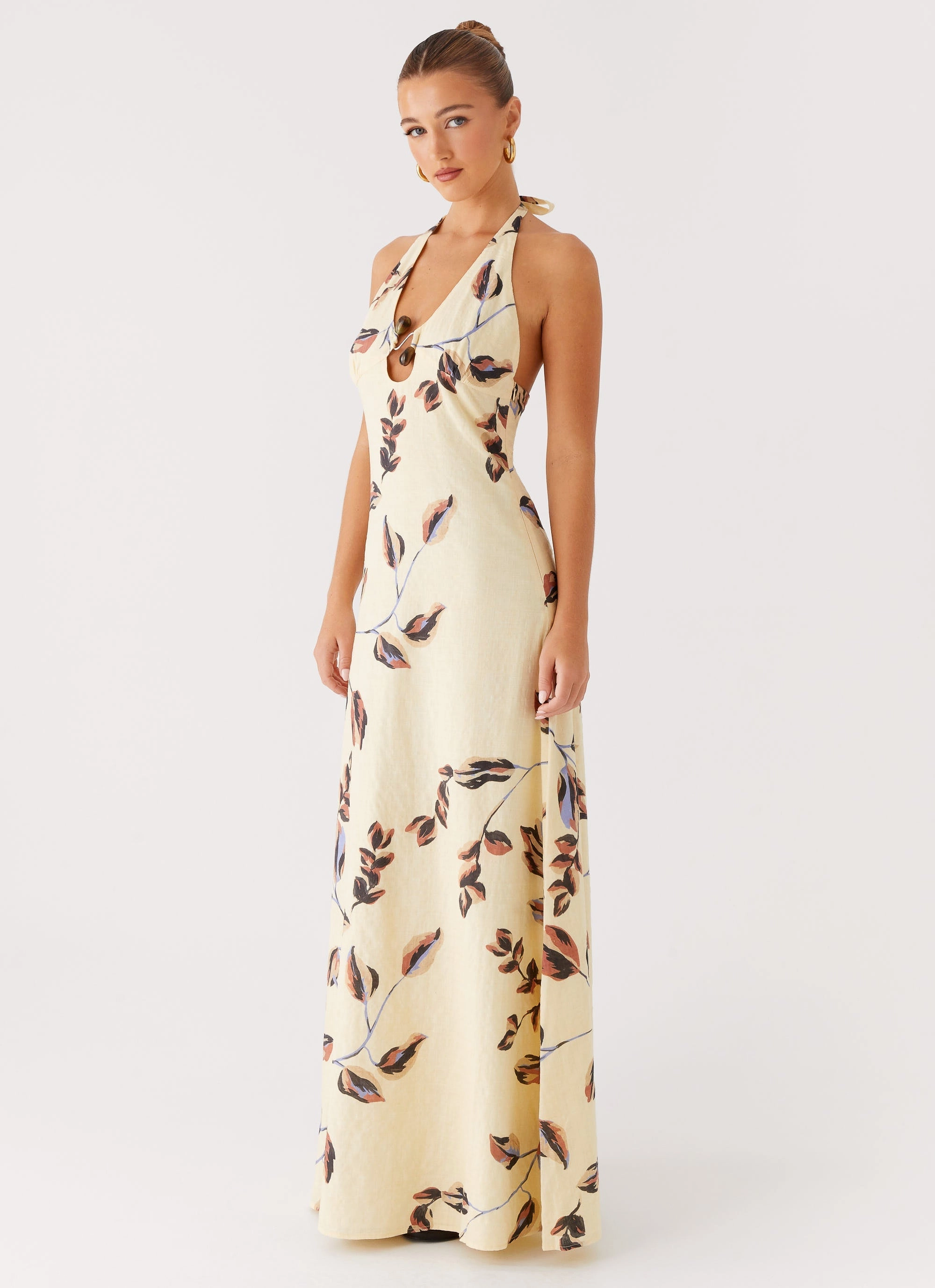 Elvina Halter Neck Maxi Dress - Buttercream Bliss Matte Fabric Puffer jacket