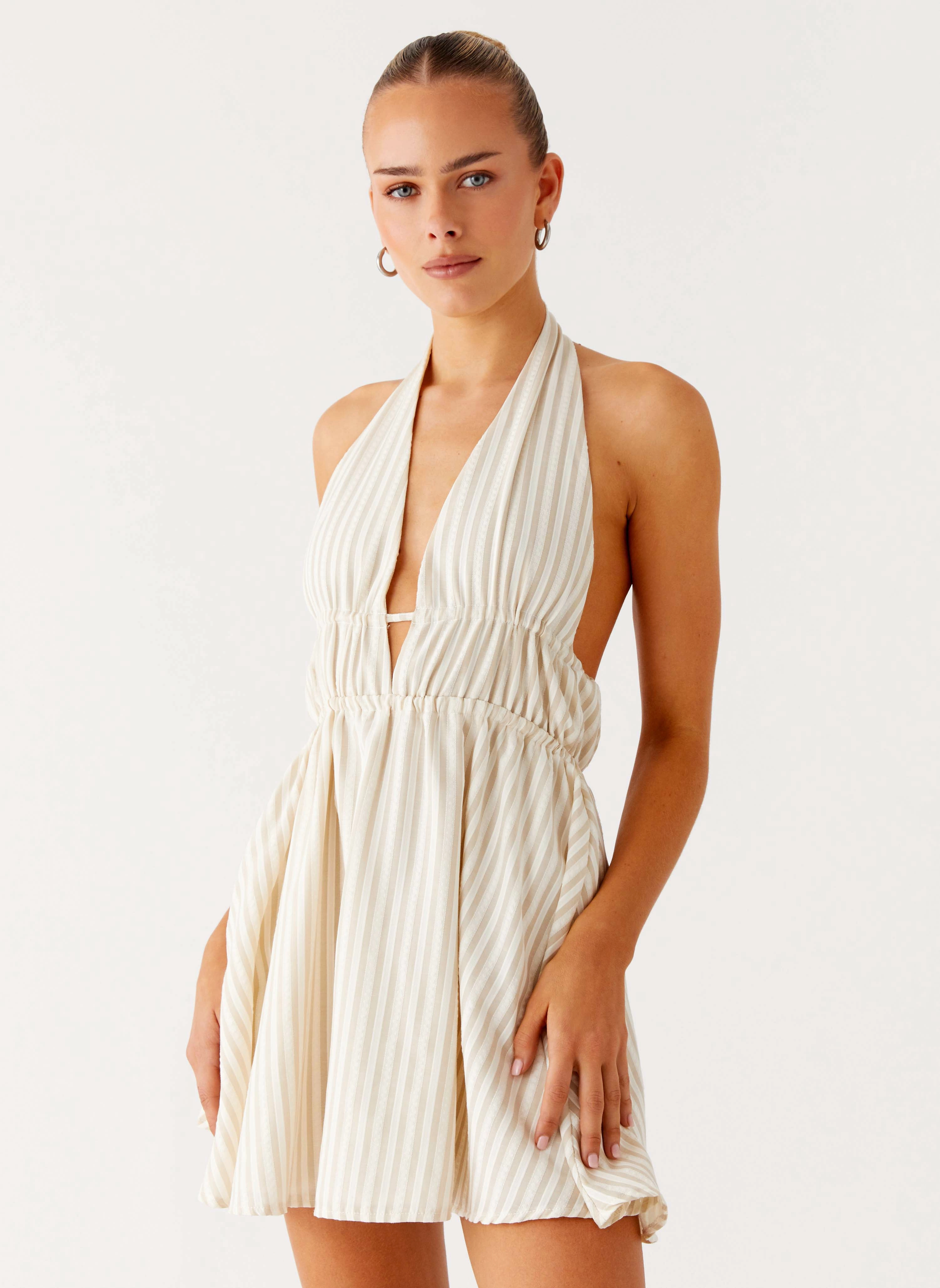 Figaro Halter Mini Dress - Taupe Stripe Rainproof Coat