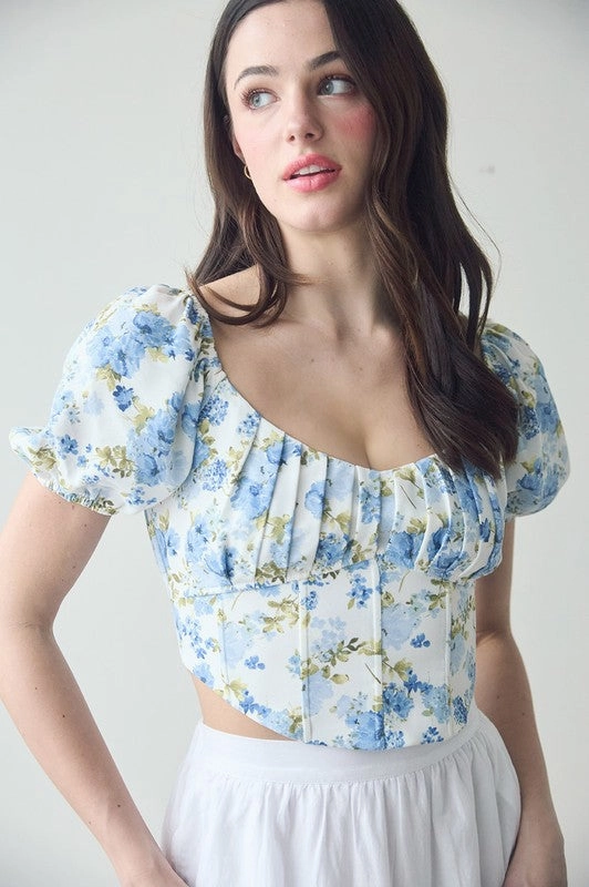 All Over Print Technique Dannie Floral Corset Waist Crop Top