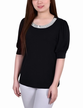 Stretchable Knit UV protection coating Short Beaded Puff Sleeve Top