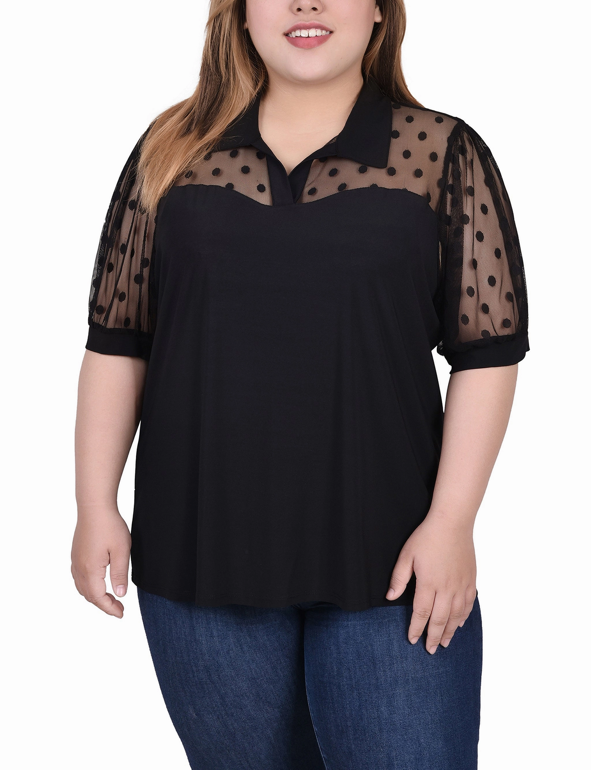 Modern Design Bold Elegance Plus Size Short Sleeve Top With Dotted Mesh