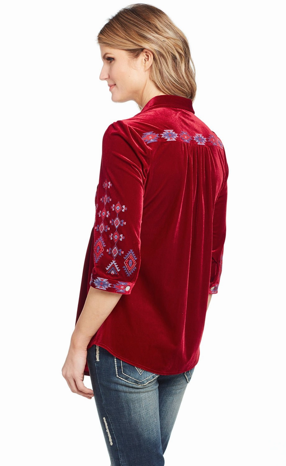 Anti Pill Technology Cowgirl Up Womens Red Polyester Geometric Blouse S/S