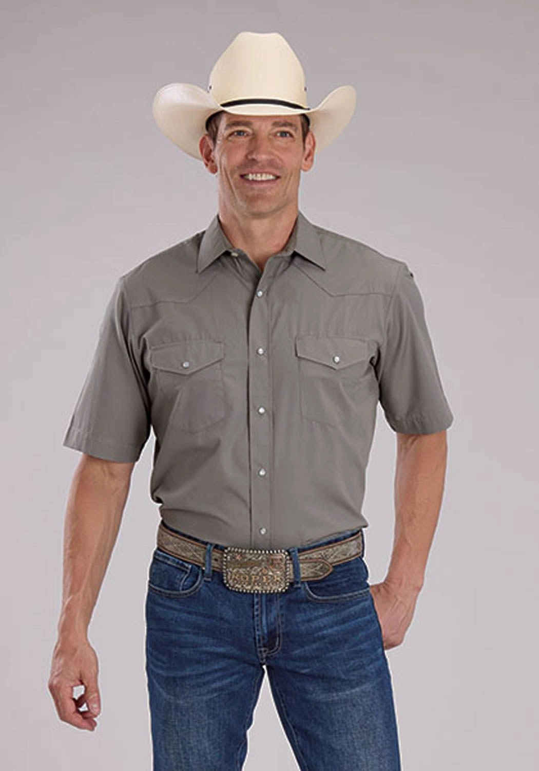 Roper Mens 2475 Solid Broadcloth Light Smokey Grey Cotton Blend S/S Shirt Festive Look