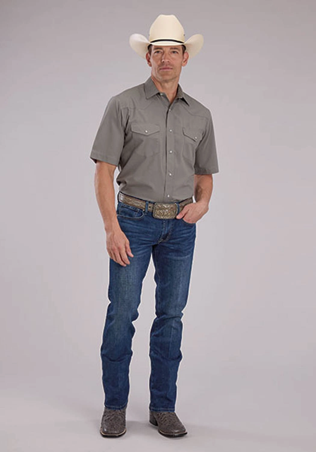 Roper Mens 2475 Solid Broadcloth Light Smokey Grey Cotton Blend S/S Shirt Easy Styling