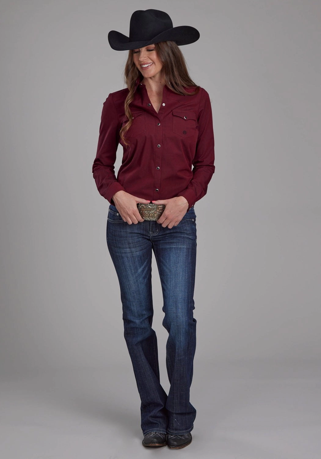 Roper Womens 2162 Black Fill Poplin Red 100% Cotton L/S Shirt Thermoregulating Layer Cooling Core Technology