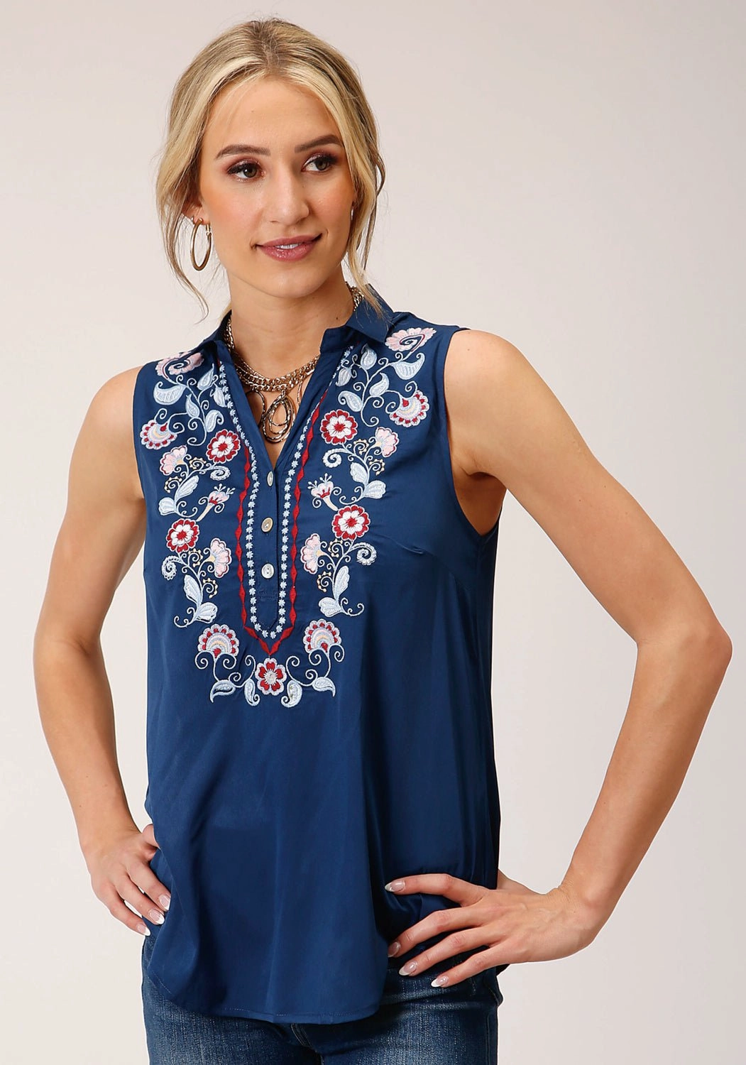 Classic Color Bold Pattern Roper Womens Floral embroidery Navy 100% Polyester S/L Blouse