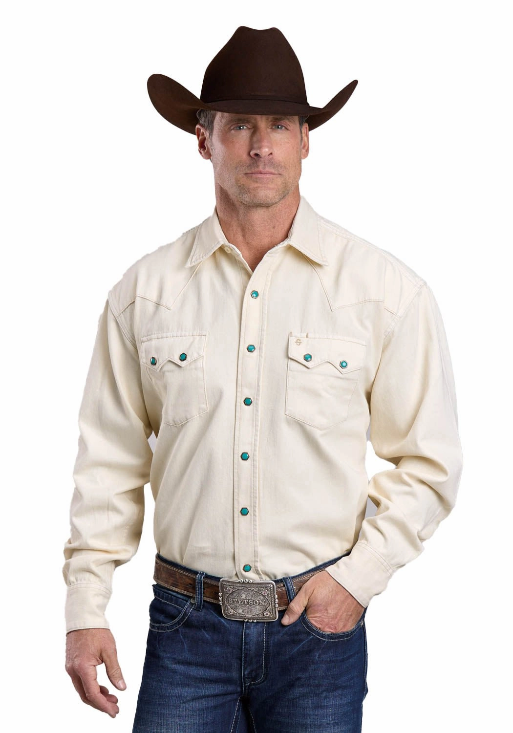 Trendy Look vacation wear Stetson Mens 2 Point Back Yoke Cream 100% Cotton L/S Shirt