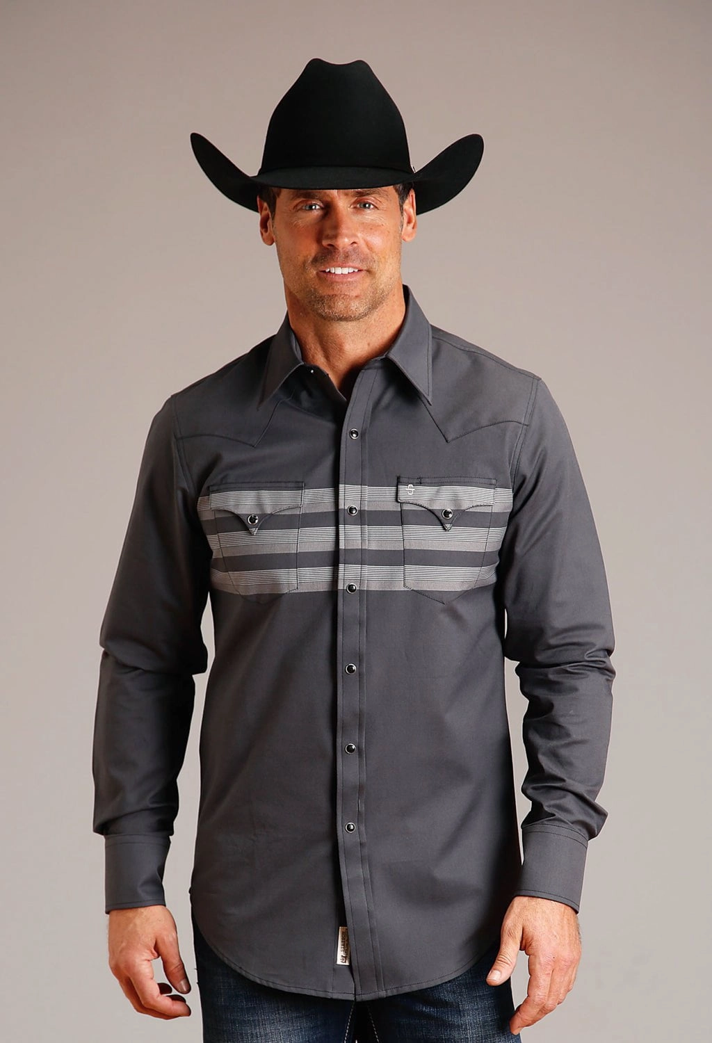 High Neck Stetson Mens Border Stripe Black 100% Cotton L/S Shirt
