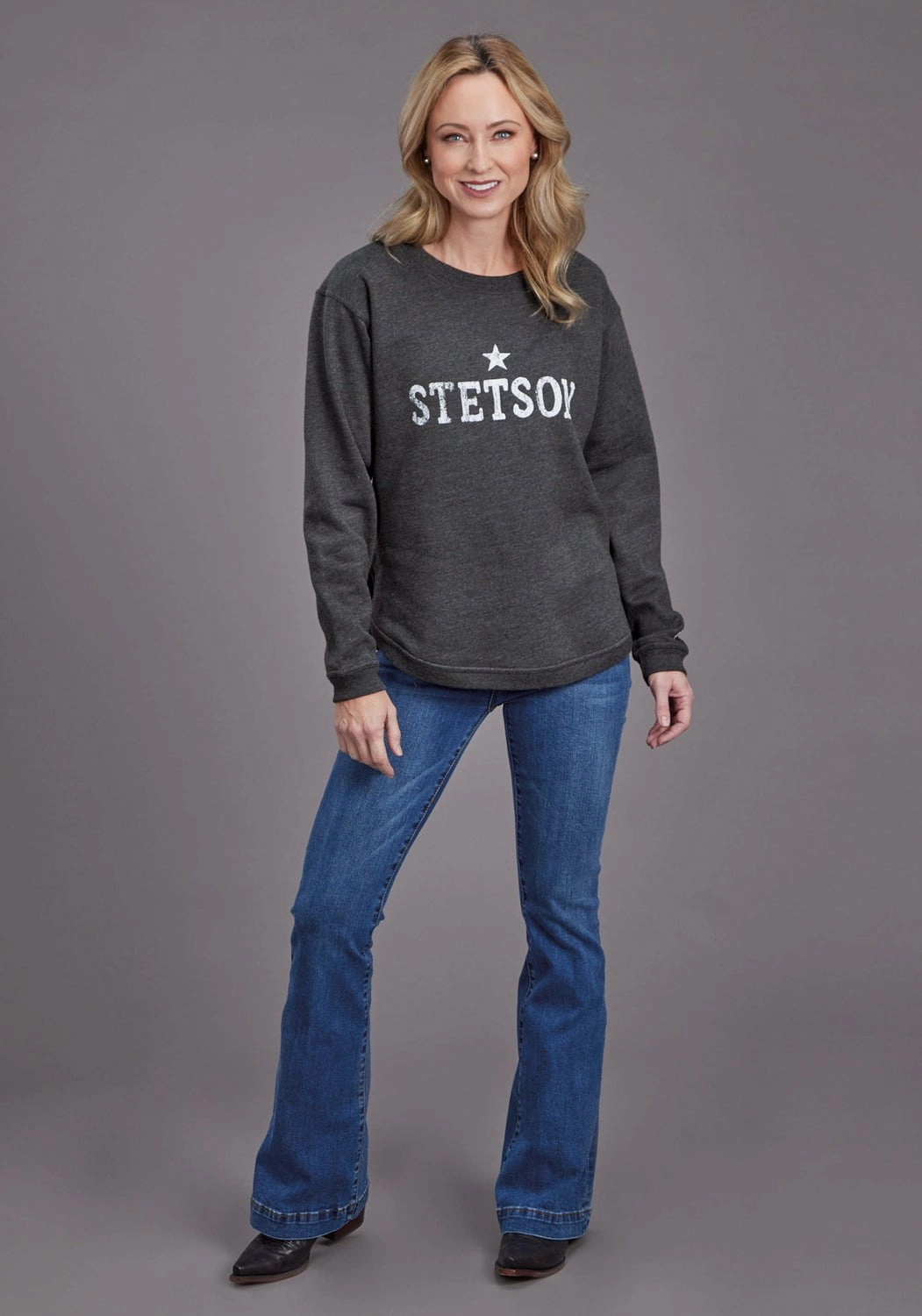 Stetson Womens Star Screenprint Heather Black Cotton Blend Pullover Sweater Everyday Layers Knitwear Choice