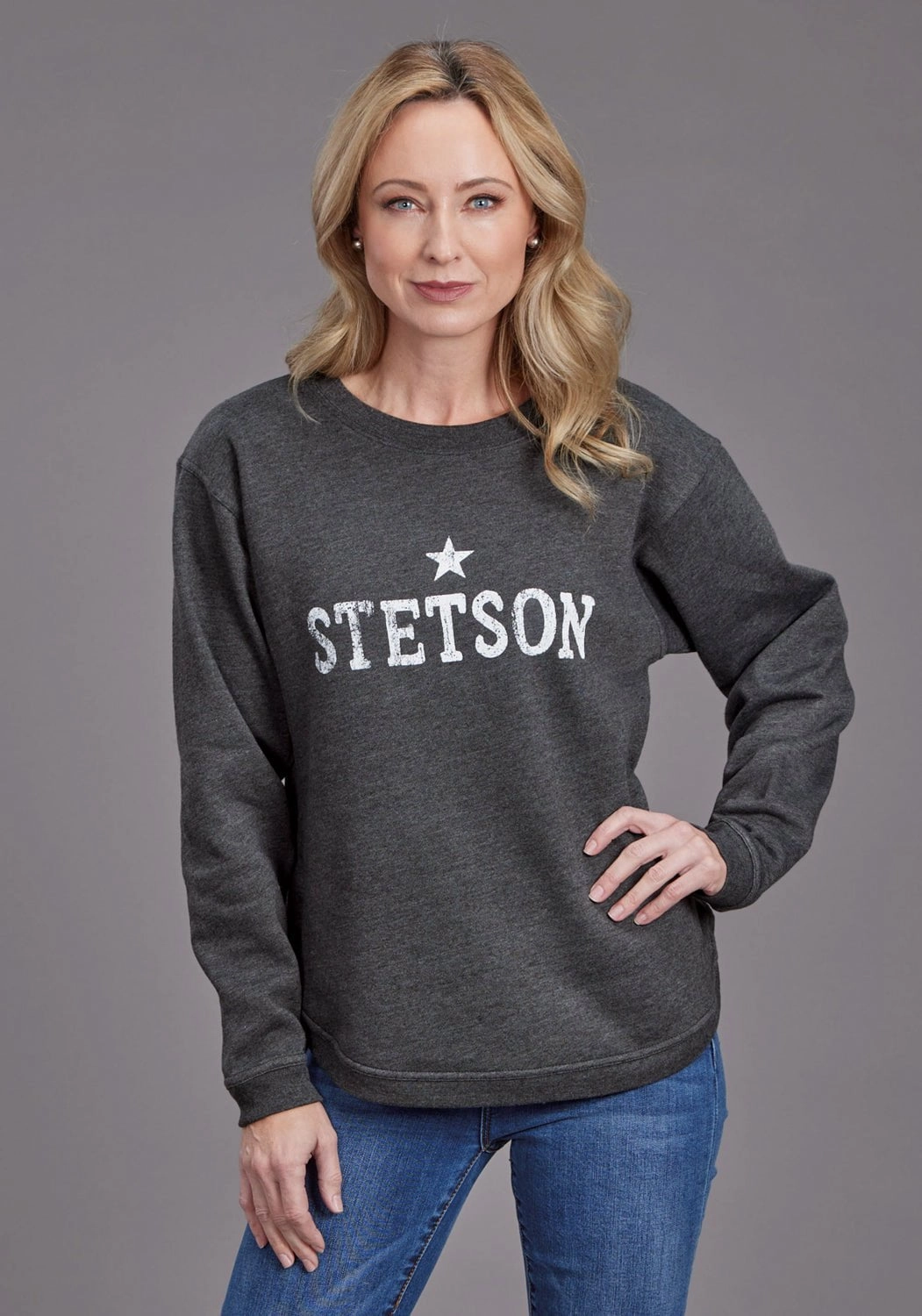 Stetson Womens Star Screenprint Heather Black Cotton Blend Pullover Sweater Layering pieces