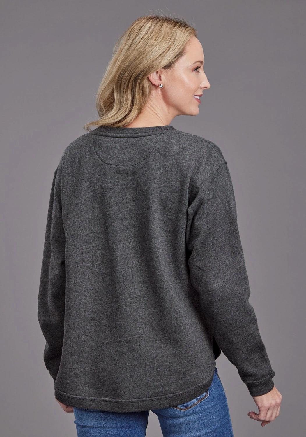 Comfort Fit Cut Stetson Womens Star Screenprint Heather Black Cotton Blend Pullover Sweater