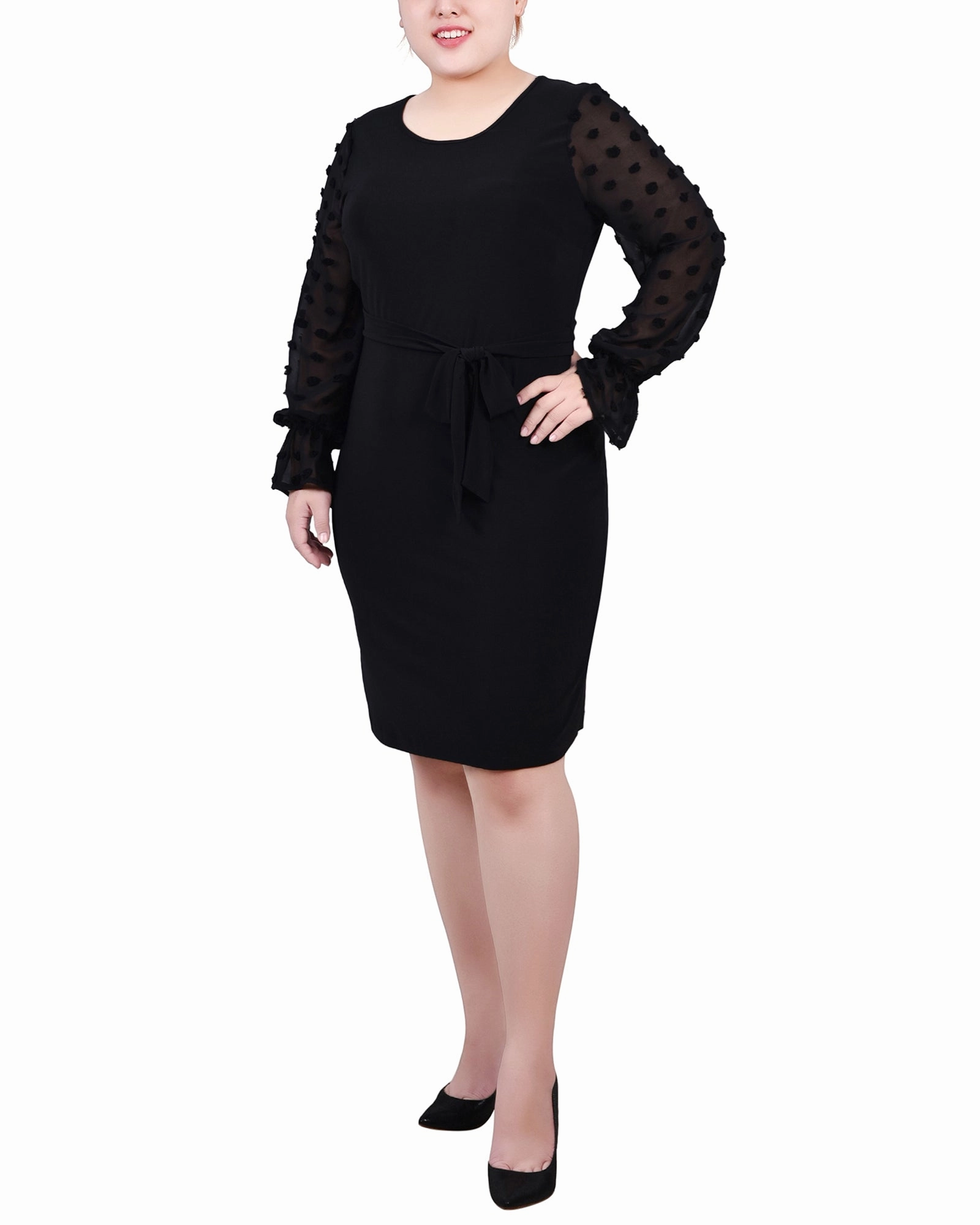 Button-front Plus Size Long Chiffon-Sleeve Knit Dress