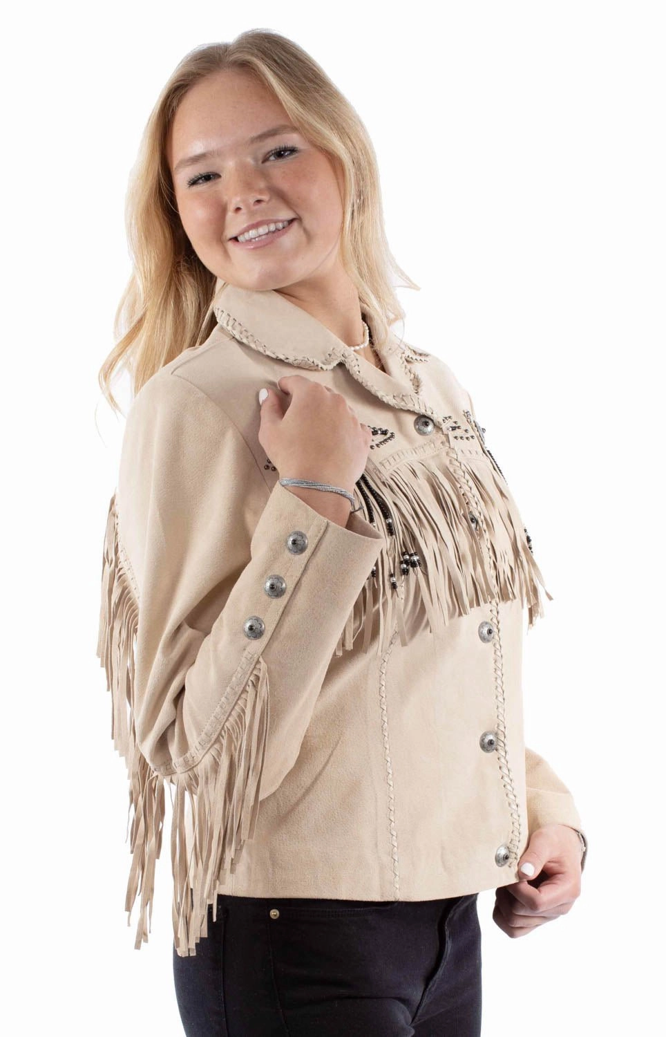 Scully Womens Fringe Yoke Beaded Sand Leather Leather Jacket Bonded Closure Mechanism
