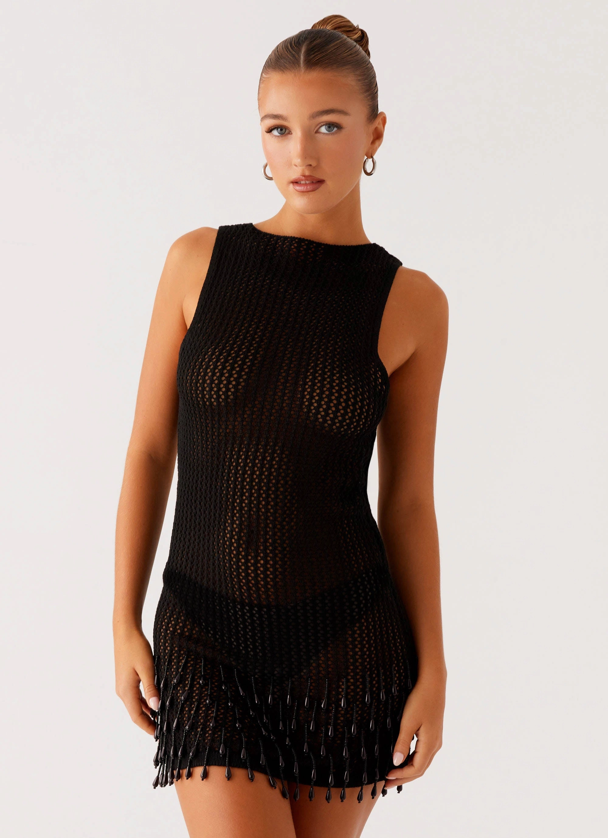 High Fashion Outerwear Stretch Comfort Miracle Beaded Crochet Mini Dress - Black
