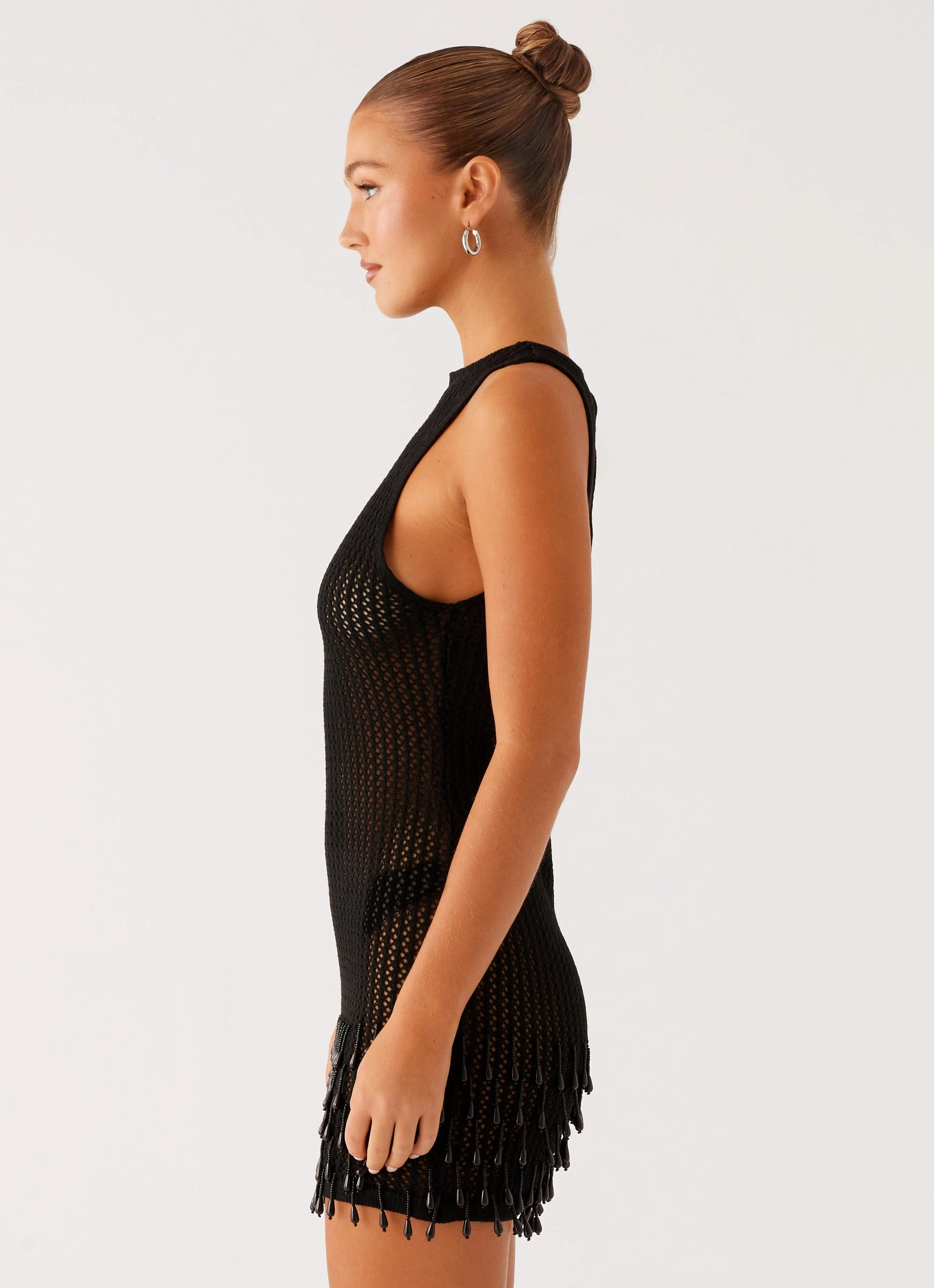 Sporty Casual Autumn Outerwear Miracle Beaded Crochet Mini Dress - Black