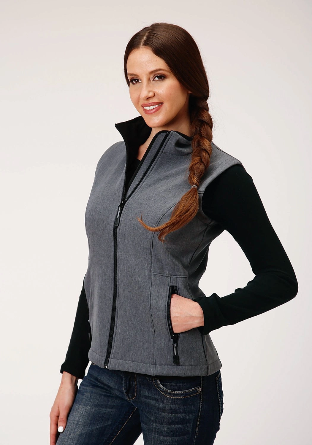 Clean Jacket Detail Wind Resistant Roper Womens Heather Grey Polyester Softshell Vest