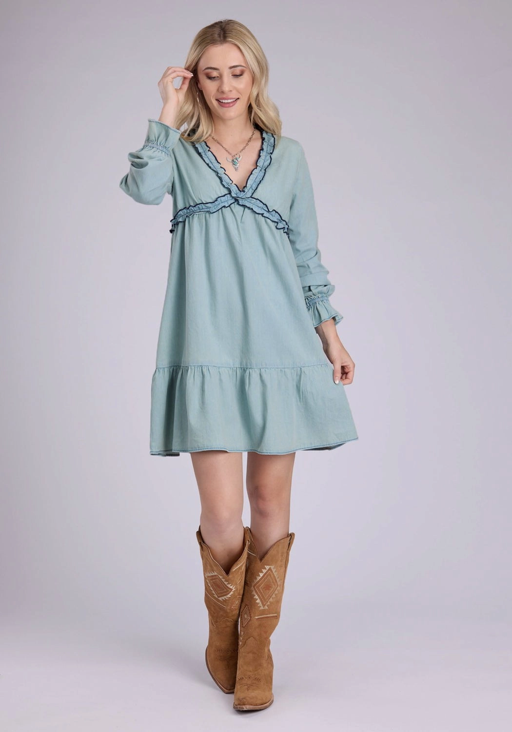 Light Cover Roper Womens Denim V-Neck Light Blue 100% Cotton L/S Dress