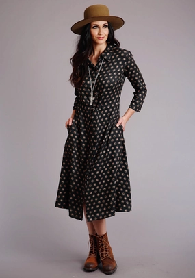 Classic Touch Midnight Mood Stetson Womens Black Rayon/Nylon Horse Polkadot S/S Dress
