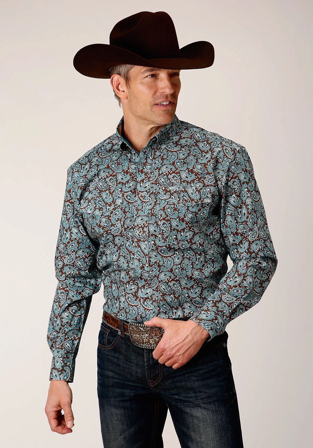 Round Collar Non Restrictive Fit Roper Mens Mine Paisley Turquoise 100% Cotton L/S Shirt