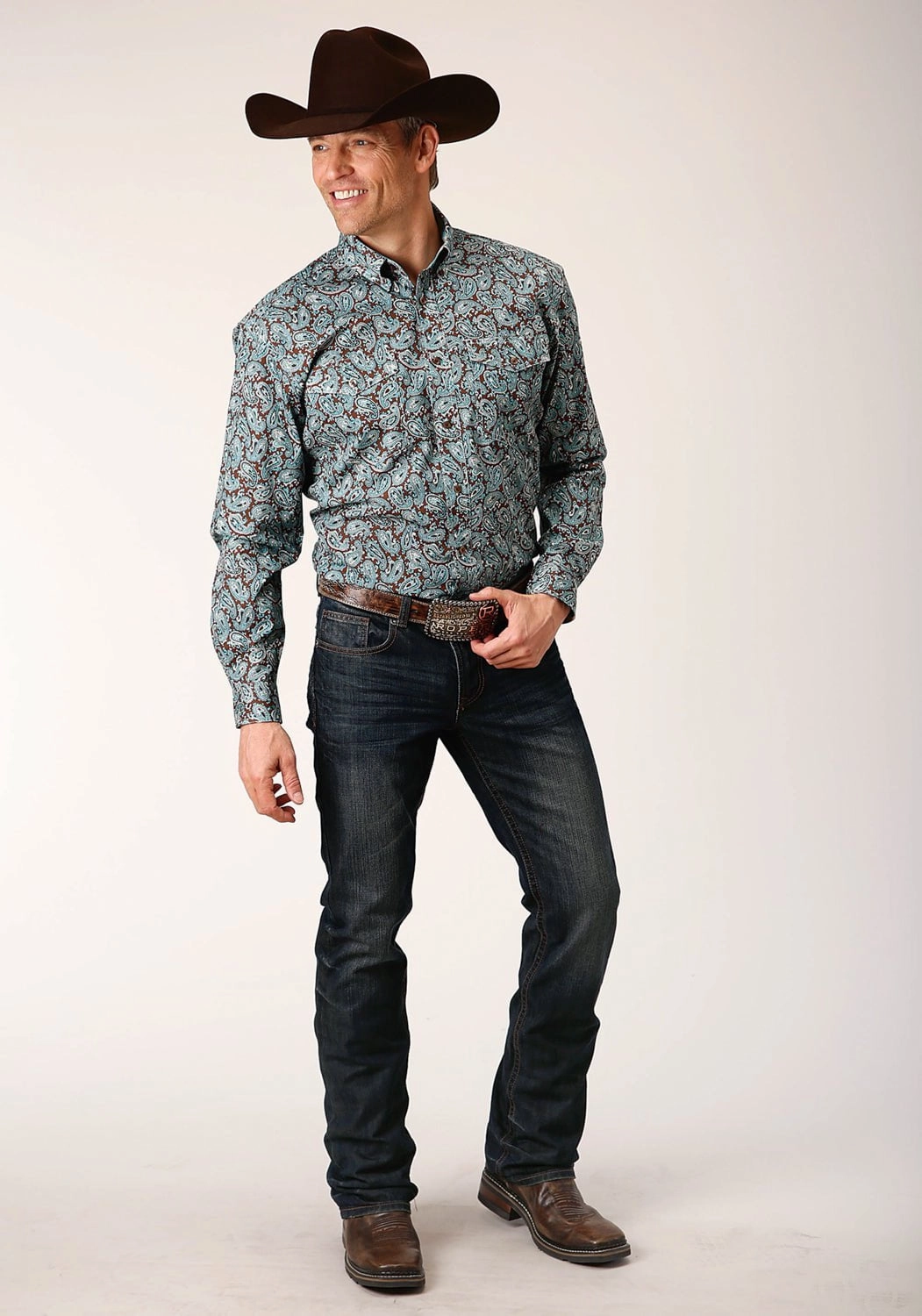 Printed Pattern Roper Mens Mine Paisley Turquoise 100% Cotton L/S Shirt