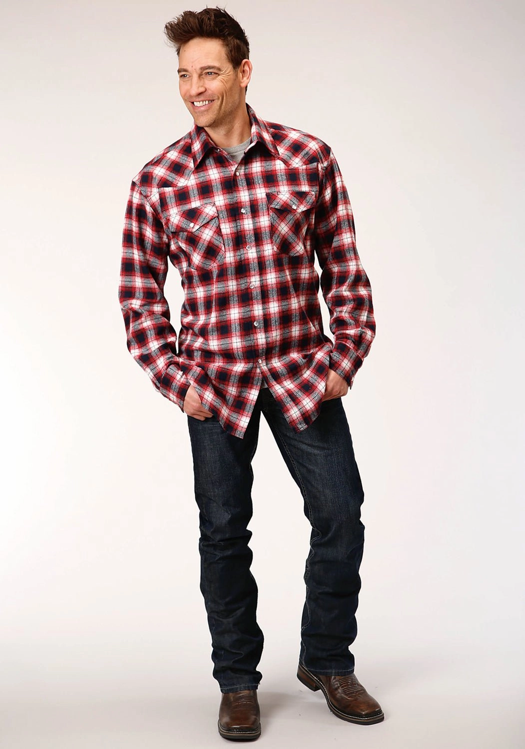 Roper Mens Red/White 100% Cotton Unlined Flannel Plaid L/S Tall Shirt Abrasion resistant