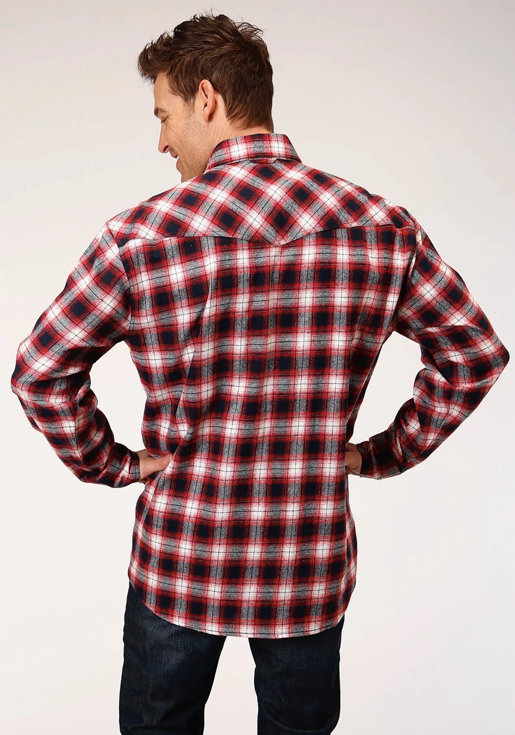Roper Mens Red/White 100% Cotton Unlined Flannel Plaid L/S Tall Shirt Round Collar