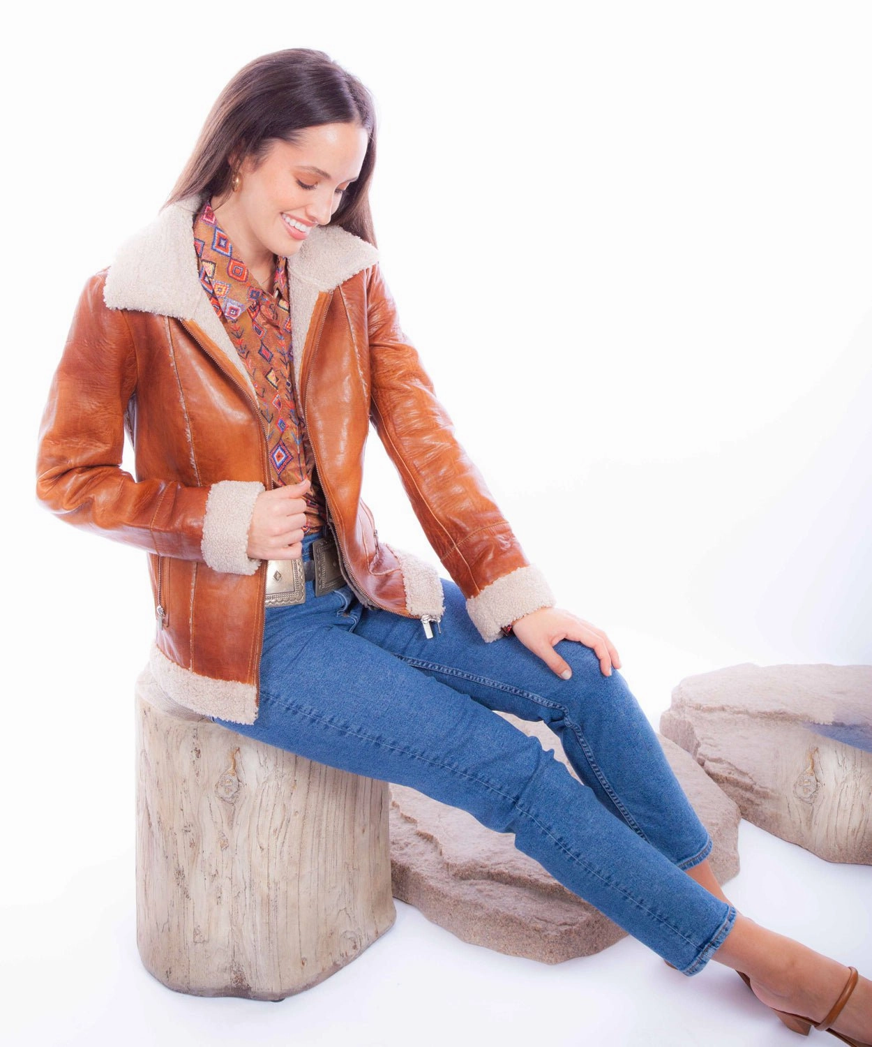 Scully Womens Faux Fur Zip Front Cognac Leather Leather Jacket Layer Up Style Eco Friendly Textile