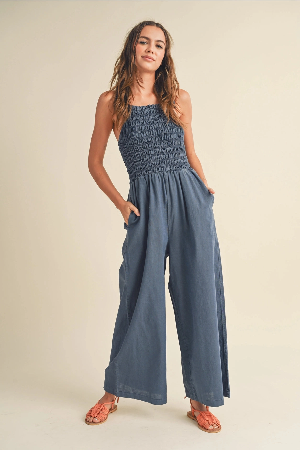 Low-rise style Hidden Pocket System Smocked Denim Jumpsuit - Blue