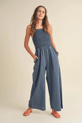 Low-rise style Hidden Pocket System Smocked Denim Jumpsuit - Blue