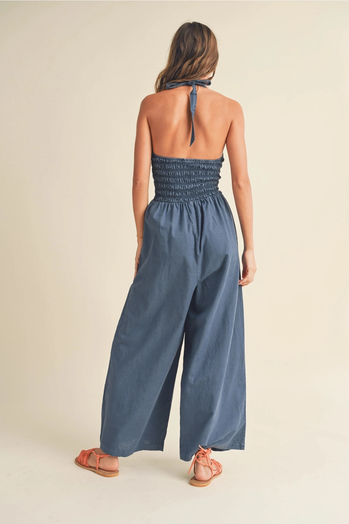 Merino Wool Blend Chill Wear Smocked Denim Jumpsuit - Blue