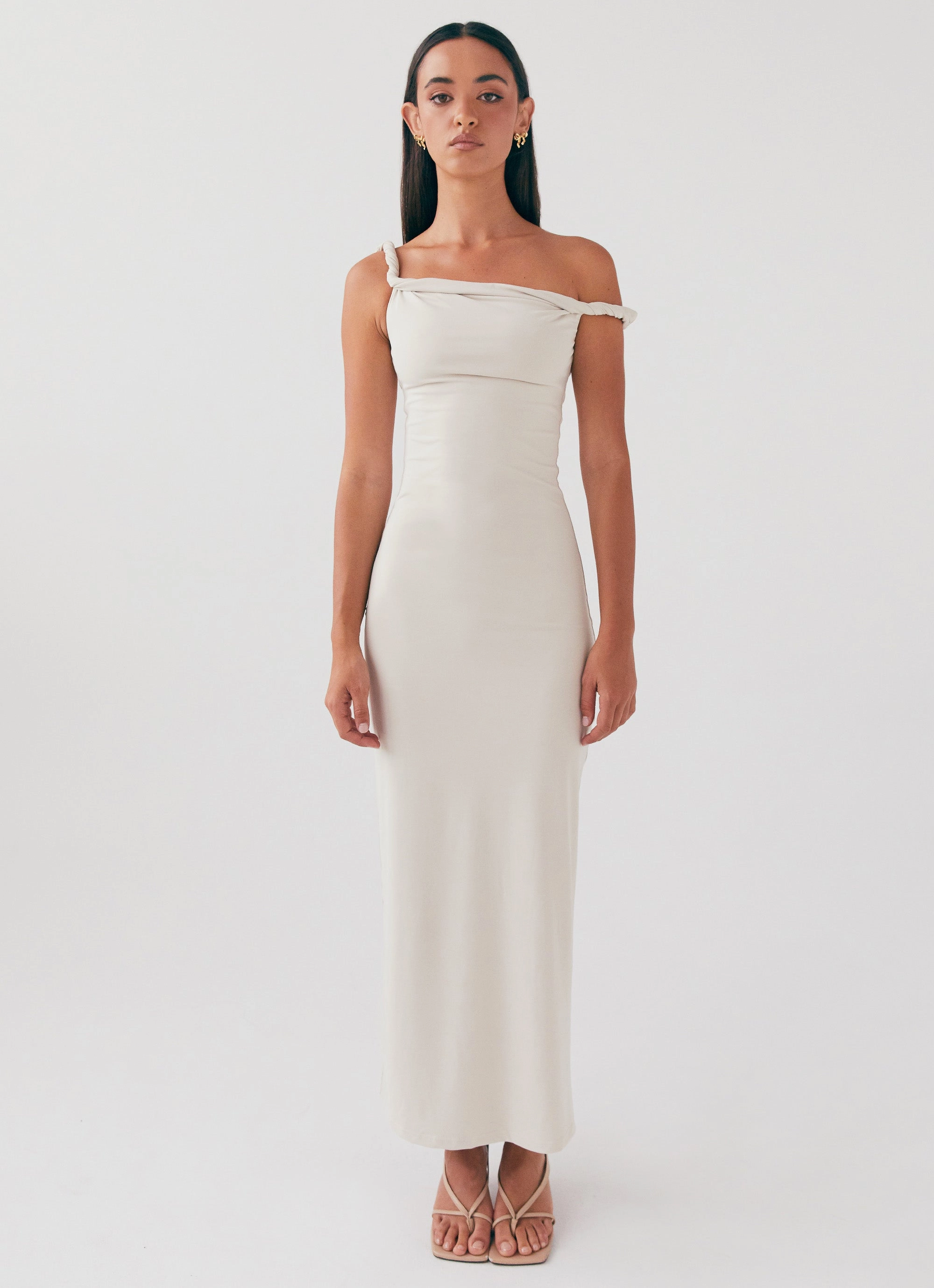 Packable Coat Fashion Forward Arabella Twist Shoulder Maxi Dress - Beige