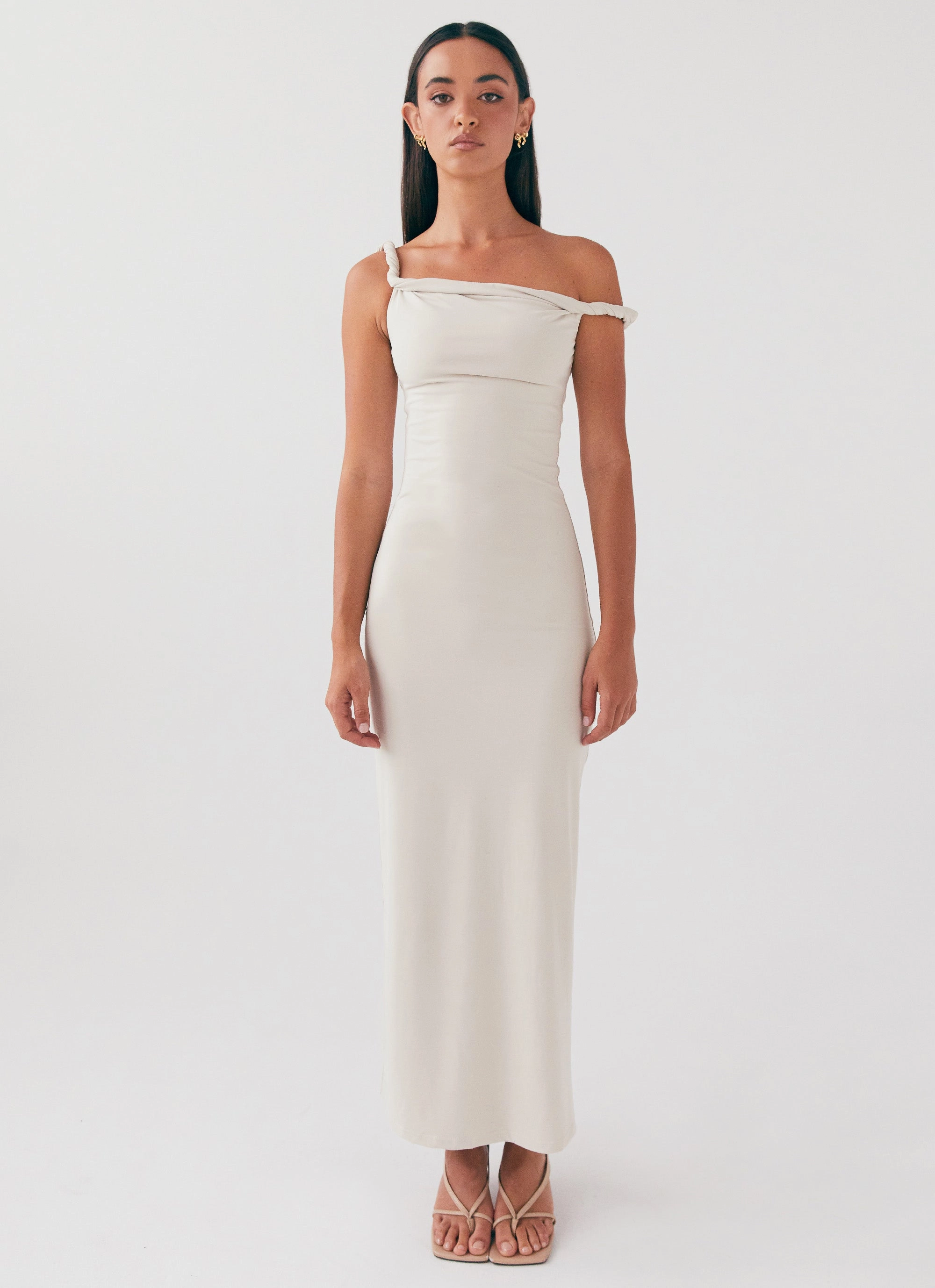 Arabella Twist Shoulder Maxi Dress - Beige Edge Detail Button-front