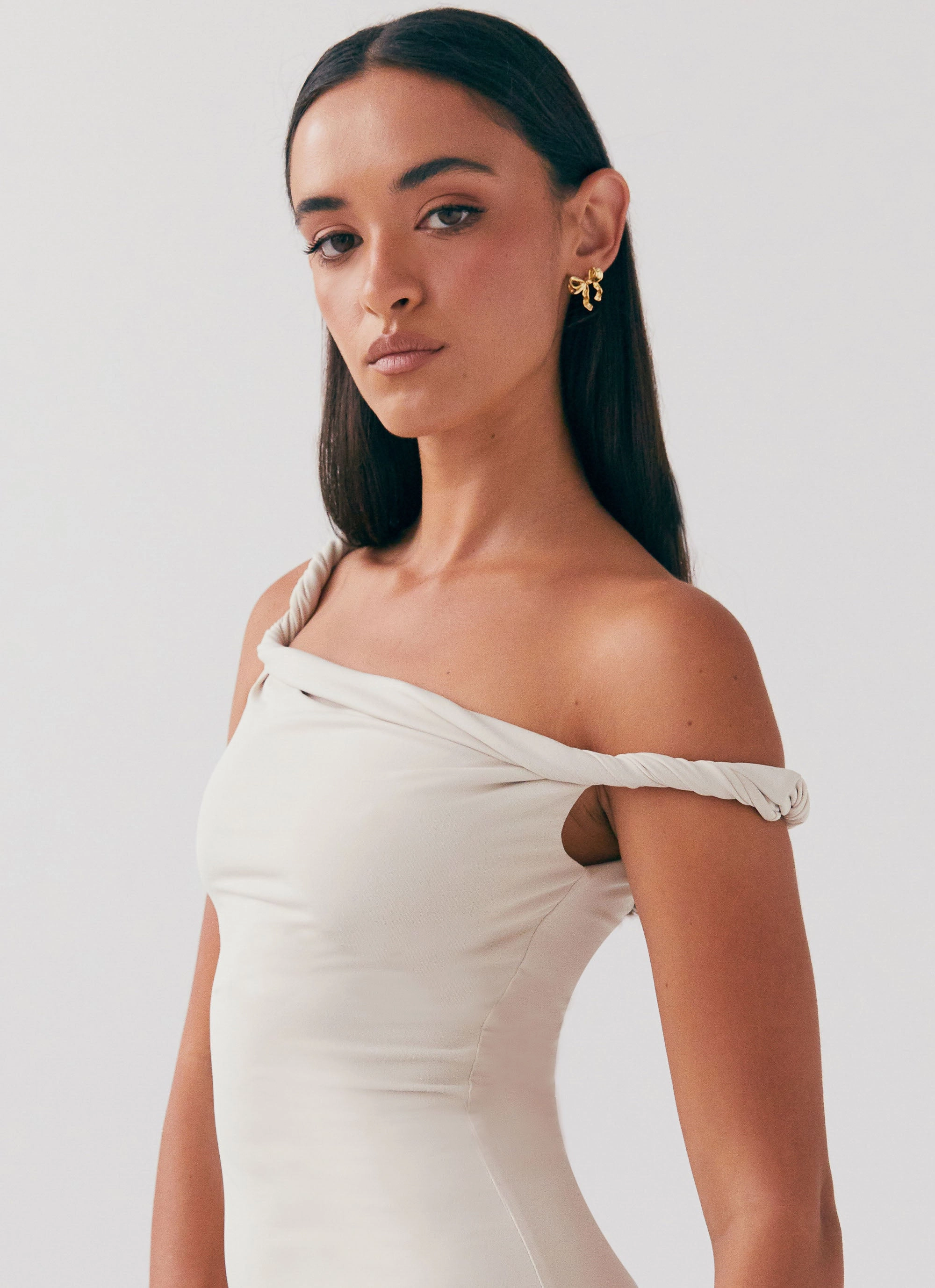 Sleek And Stylish Arabella Twist Shoulder Maxi Dress - Beige