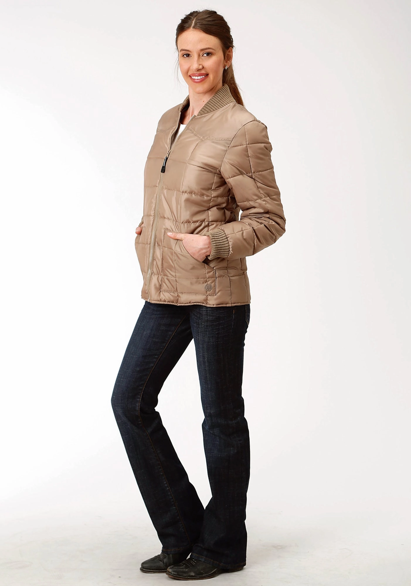Noise Free Zippers Waterproof Coating Roper Womens Khaki Polyester Quilted Insulated Jacket