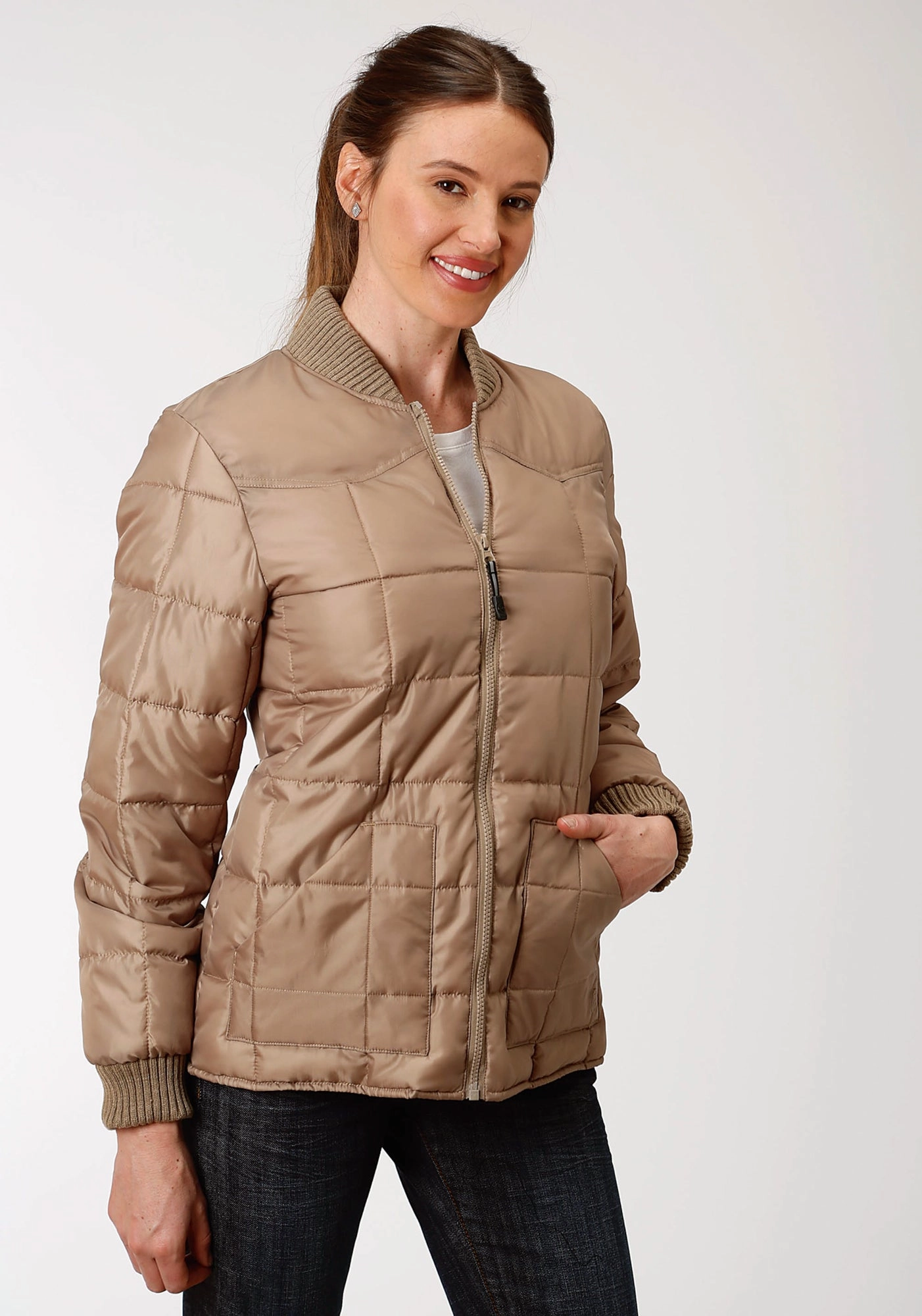 Roper Womens Khaki Polyester Quilted Insulated Jacket Universal Fit Framework High Tensile Reinforcement